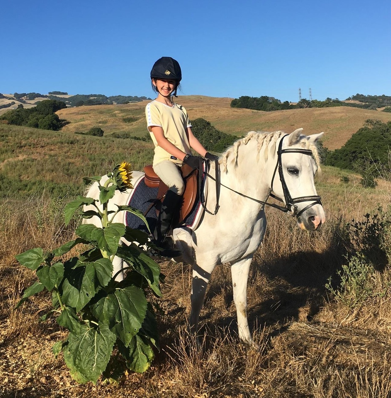 Gwen the pony and her owner riding in the hills.